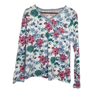 Women's Medium Garnet Hill Organic Cotton Asian Wrap Floral Pajama Top